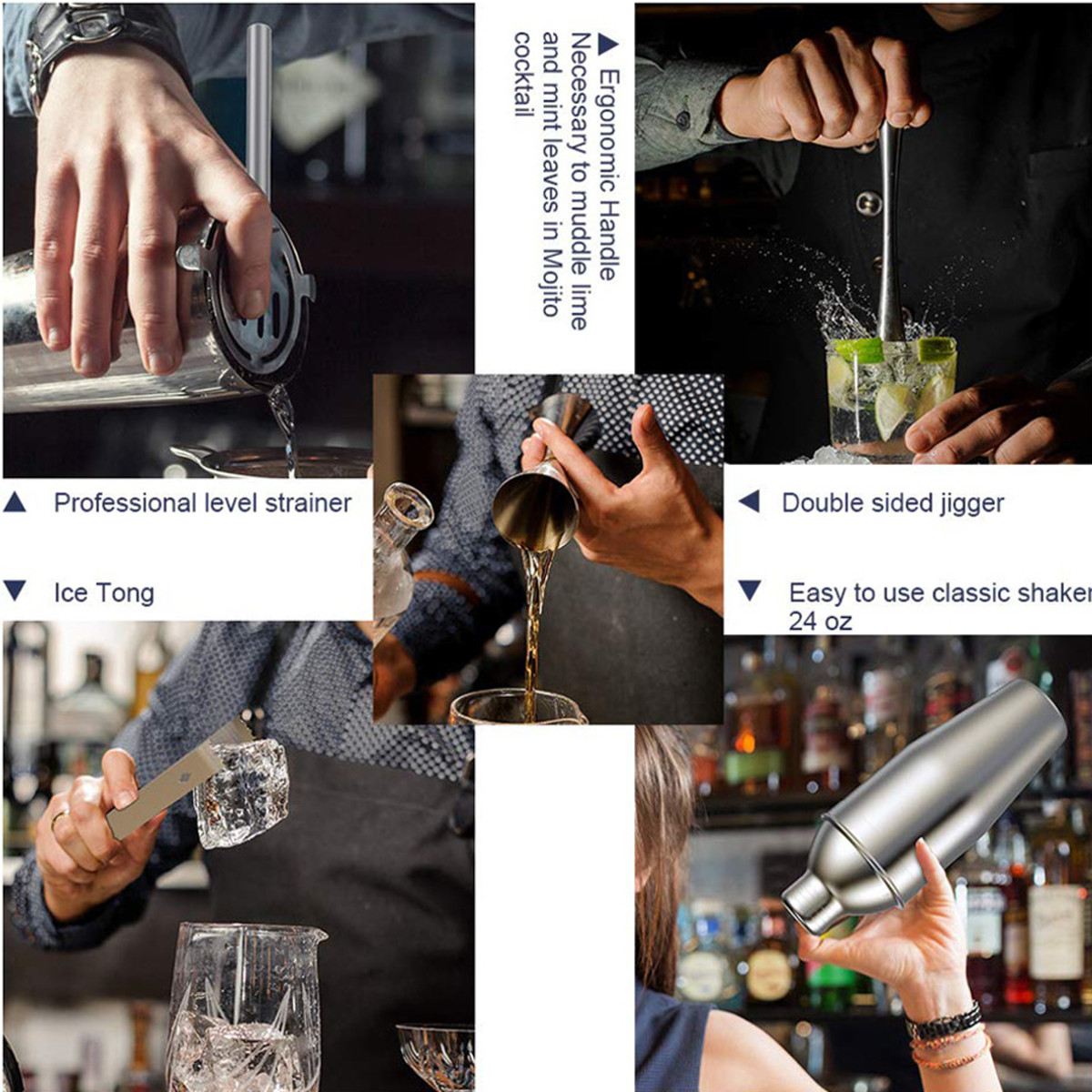 14pcs 550/750ml 304 Stainless Steel Cocktail Shaker Set Barware Kit with Bamboo Wine Rack for Bartender Drink Party Bar Tool Set