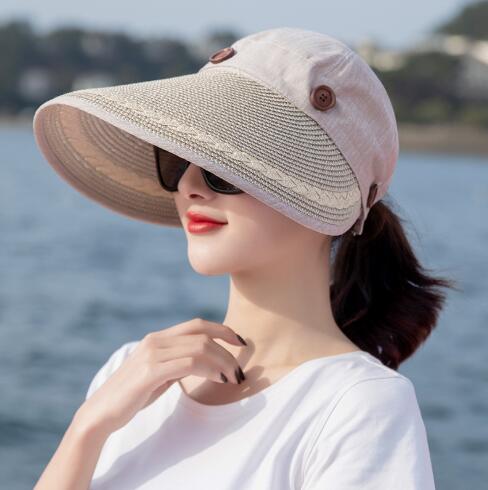 Solhatte kvinder stor bred skygge floppy sommer strand solhat kasket knap stråhat sommerhatte til kvinder anti-uv visir