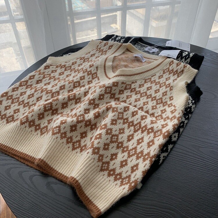 Lente en herfst college fengling geruite trui vest dames koreaanse stijl losse v-hals korte wollen gebreide mouwloze vest