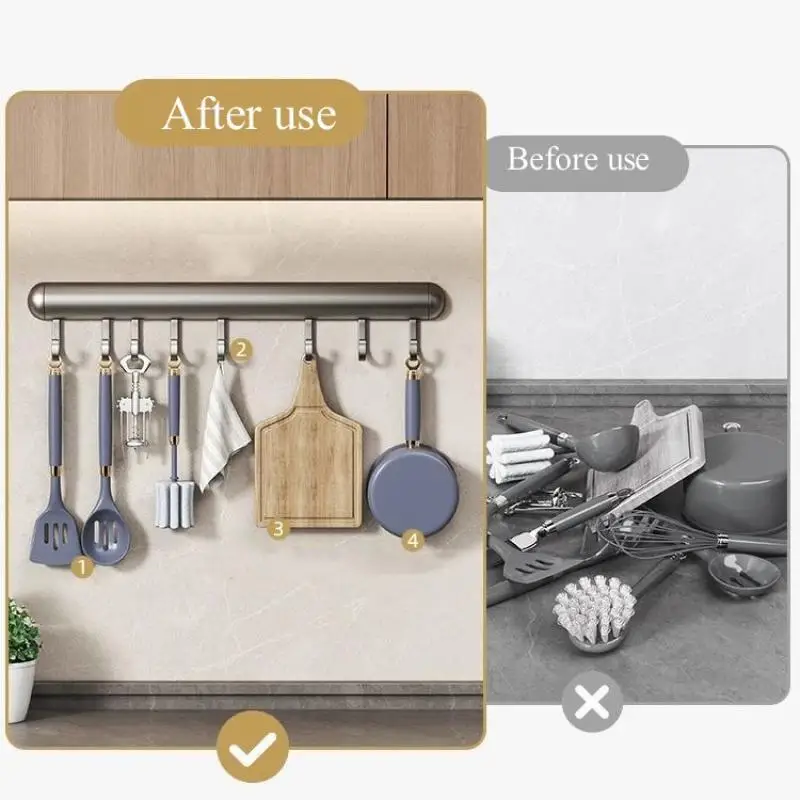 Kitchen Hook Holder Punch-Free Hanging Rod Wall-Mounted Storage Rack Spatula Spoon Hanger Removable Space Aluminum Hook Hangers