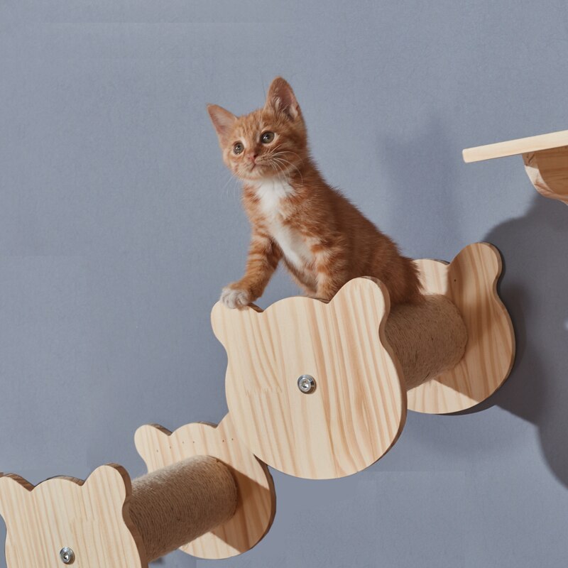 Household wall-mounted cat climbing frame solid wood wall-mounted cat jumping platform round cat stairs durable cat springboard