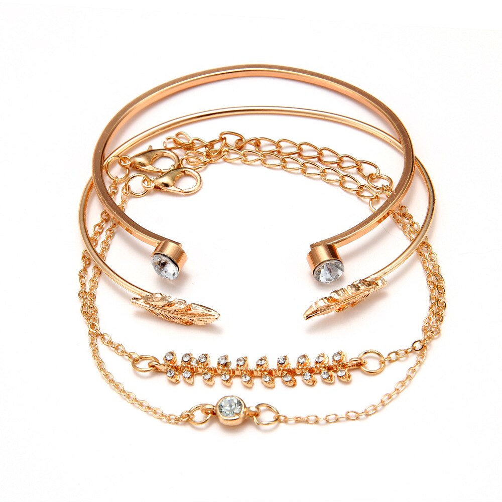 4 Pcs/set Women's Crystal Leaves Geometric Chain Gold Bracelet Set Bohemian Vintage Jewelry Whole: Default Title