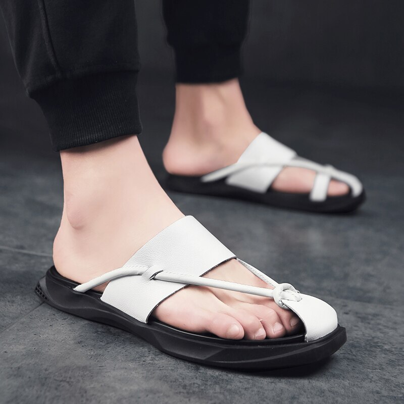 Herr läder tofflor sandaler split läder herr strandskor slip on flip flops herr fritidsskor sommar skor