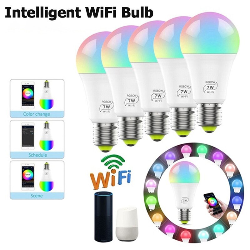 1Pc 7W E27 WiFi Smart Light Bulb Dimmable APP Control Wake-up Night Light Home Decor