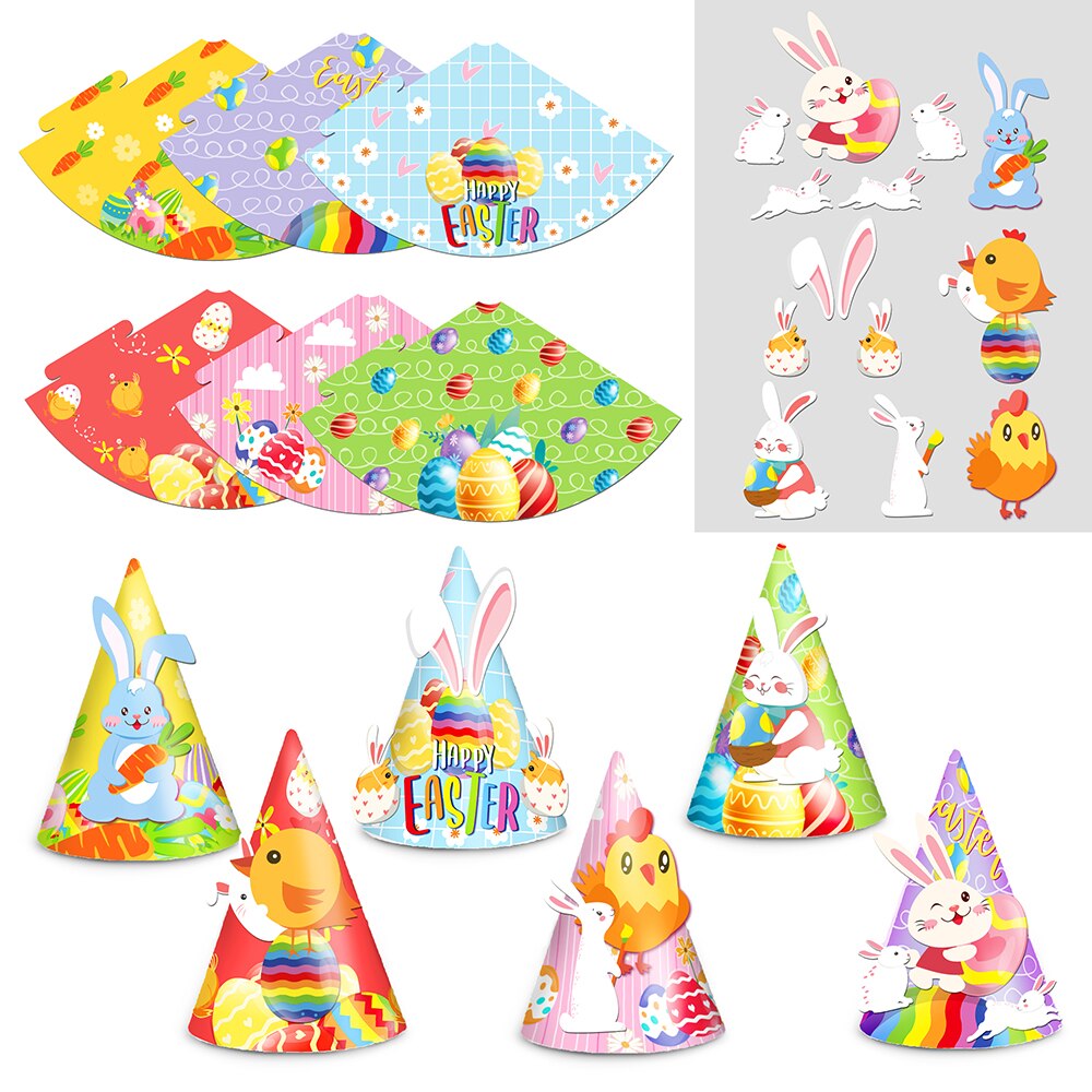 6pcs Happy Easter Festival Party Favors Paper Animals Rabbit Carrots Chick Pattern Paper Hats Kids Baby Shower Party Decorations