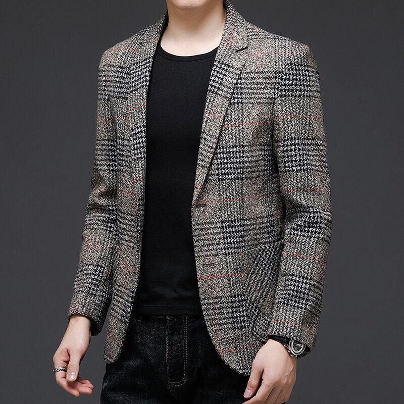 Top Grade Style Classic Brand Casual Slim Fit Men Suits Tweed Jacket Business Plaid Blazer Coats Mens Clothes