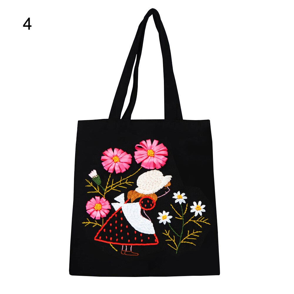 Kvinder diy blomst broderi enkelt skuldertaske lærred håndtaske indkøbspose håndarbejde korssting syning kunst håndværk kit: 4