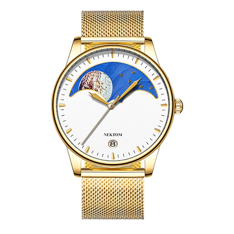 Nektom Echt Mesh Riem Heren Quartz Horloge Ultra-Dunne Kalender Waterdichte Student Paar Horloge