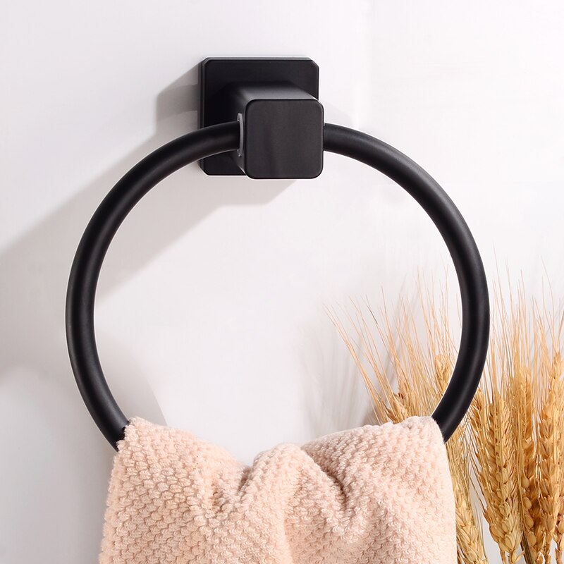 Toallero redondo negro para baño, soporte de anillo de toalla montado en la pared, colgador de riel, Perchero de aluminio, accesorios de baño