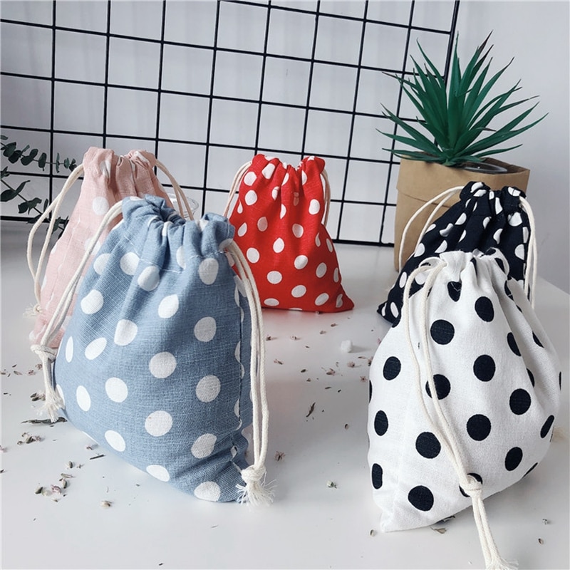 Leuke Katoenen Trekkoord Tassen Pouch Opbergtas Dot Gedrukt Lippenstift Opbergtas Voedsel Verpakking Tassen Kerstpakketten Pouch