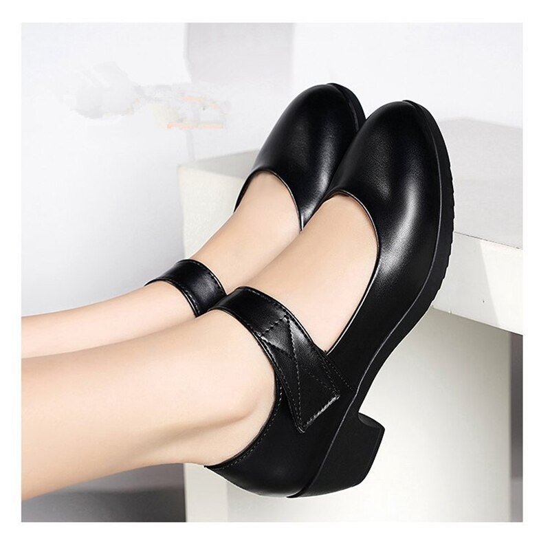 women spring leather pumps square toe casual female mary janes party shoes ladies black low heels shoes plus size