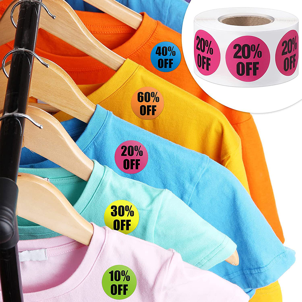 500 stuks/rol product korting label sticker 2,5 cm/1 inch ronde stickers voor kleding/hoed kleine zakelijke benodigdheden 10%/20%/50% korting