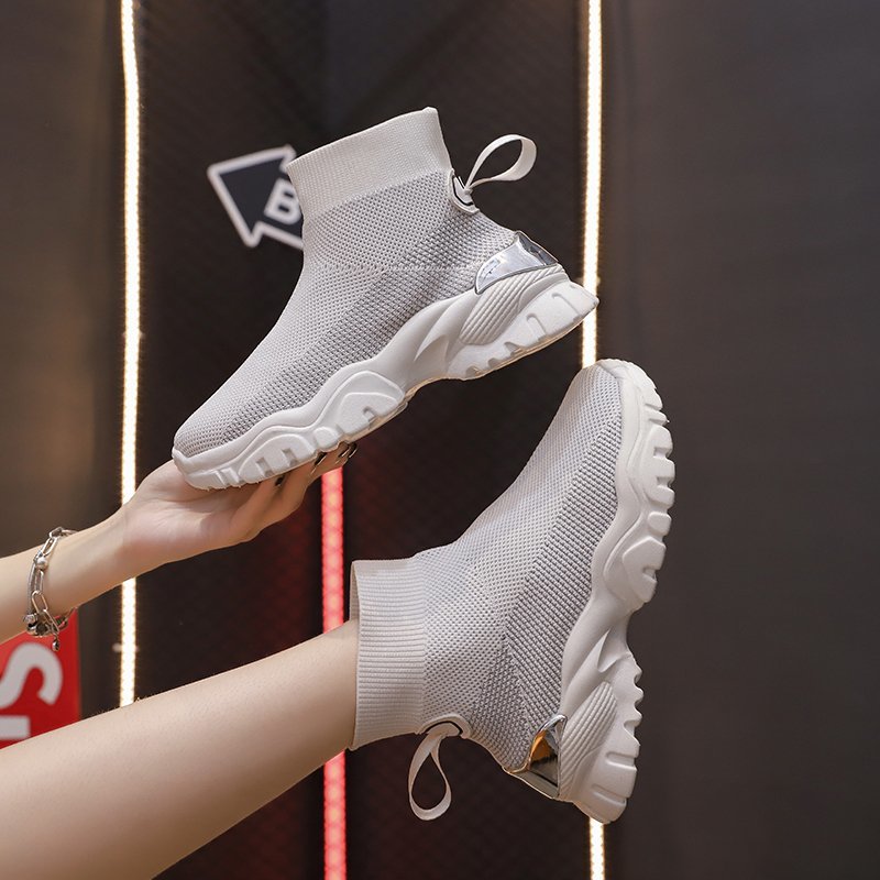 Fujin tykk joggesko pustende kvinner fast kile fjær høy topp sokker sko dame tykk bunn sko dame