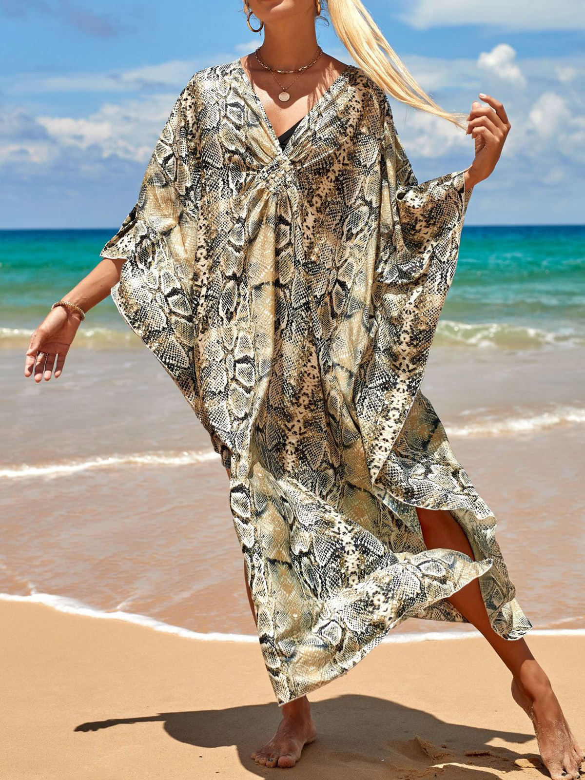 Vestido Longo Feminino Estampado Zebra com Decote V para Praia, Saída de Praia, Moda Praia V4159: Lavanda