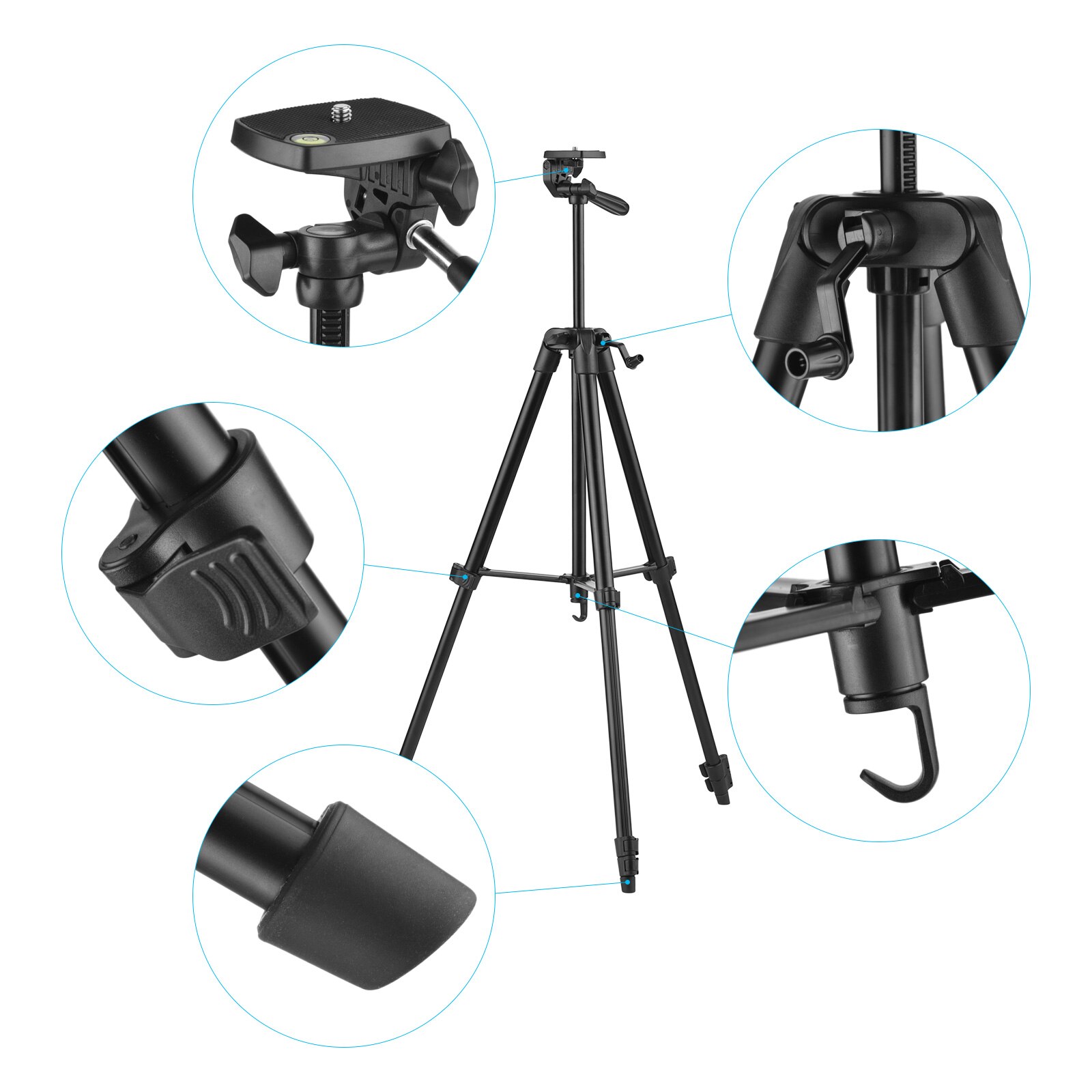 Portable Tripod Stand Aluminum Alloy 135cm/53in Max. Height 3kg Load Capacity with Phone Clamp Remote Shutter for Vlog Live