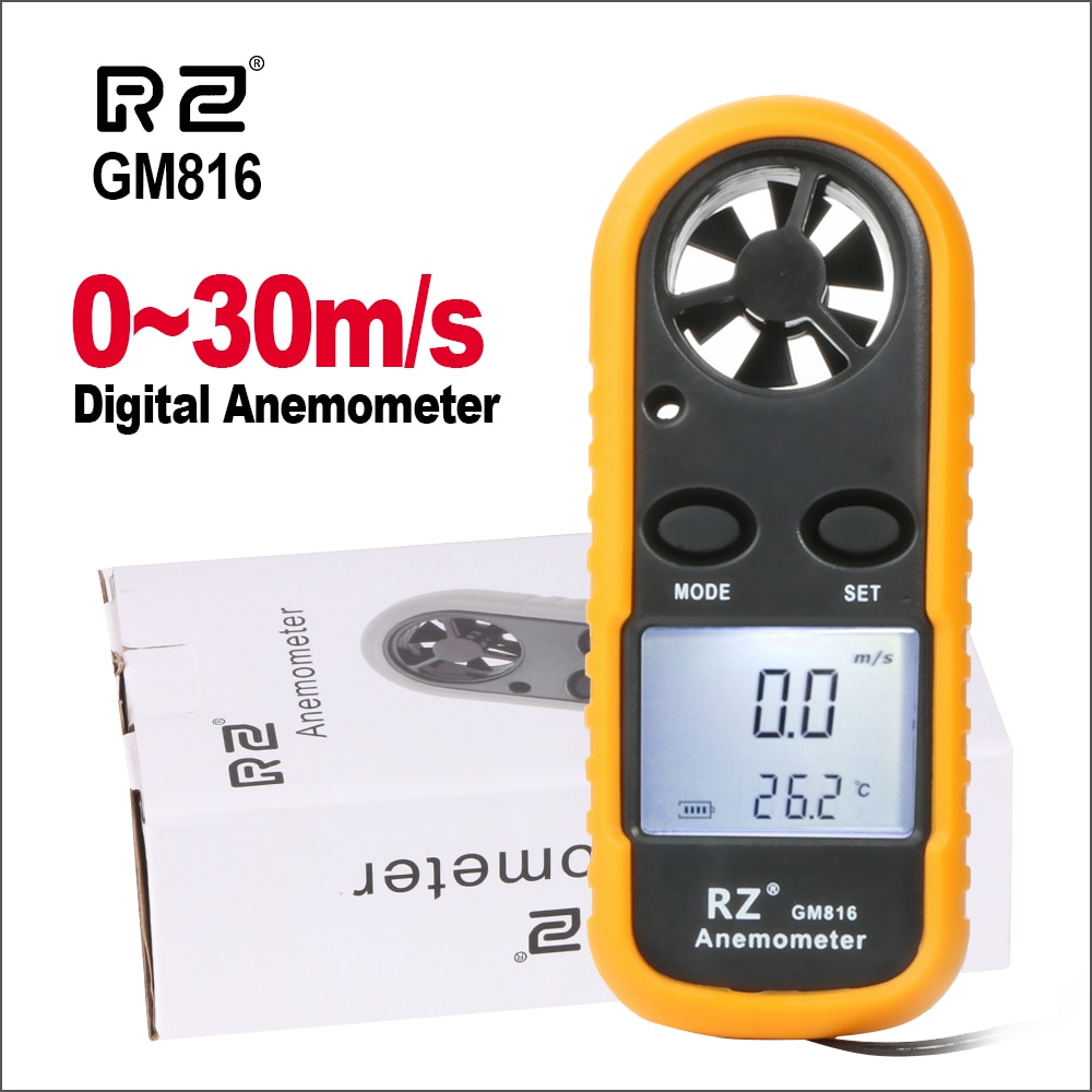 RZ Portable Anemometer Thermometer Wind Speed Gauge Meter Anemometro Windmeter 30m/s LCD Digital Hand-held Measure Tool GM816