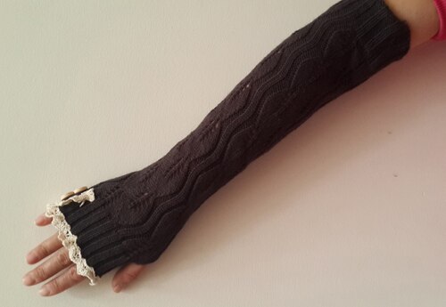 solid Lace knitted Fingerless Gloves Ballet Dance button glove burn out long Arm Warmers 7 colors #3706: dark grey