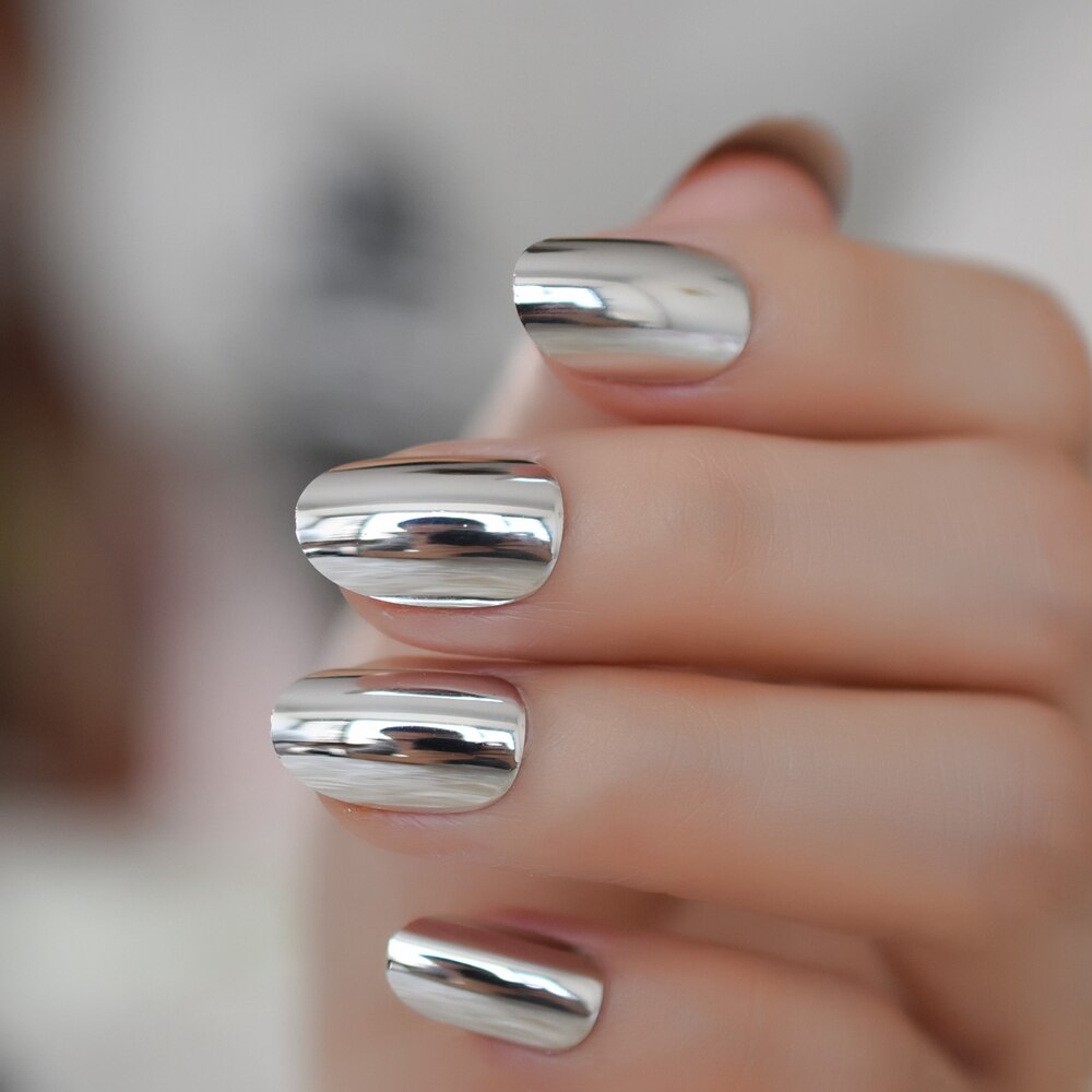 24pcs Zilver Medium Kunstmatige Volledige Gebogen Nail Metal Oval Meisjes Nep Nagels Spiegel Koele Valse Nagel Met Lijm Sticker