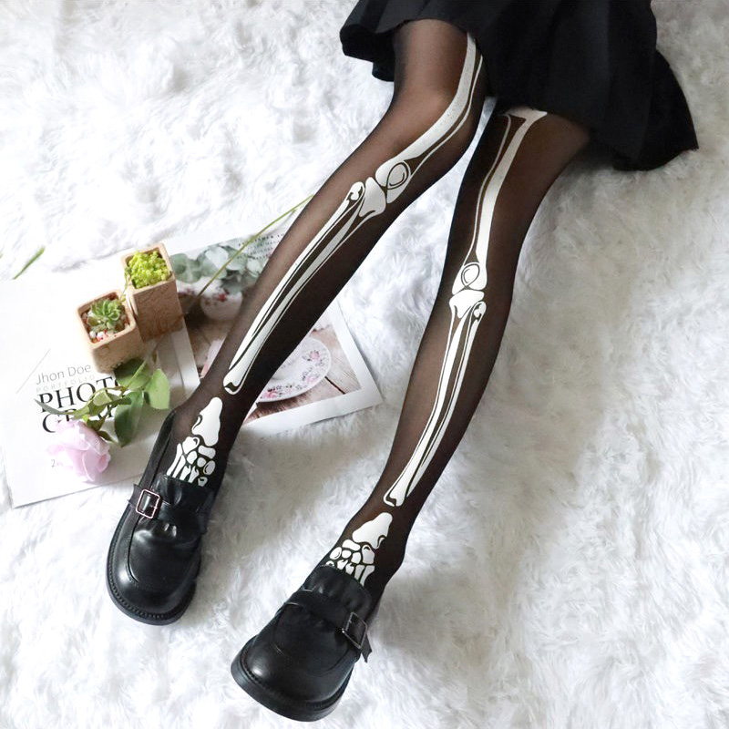 Halloween preto crânio impressão meias meias sexy mulheres meia-calça leggings para cosplay clube festa harajuku estilo acessórios