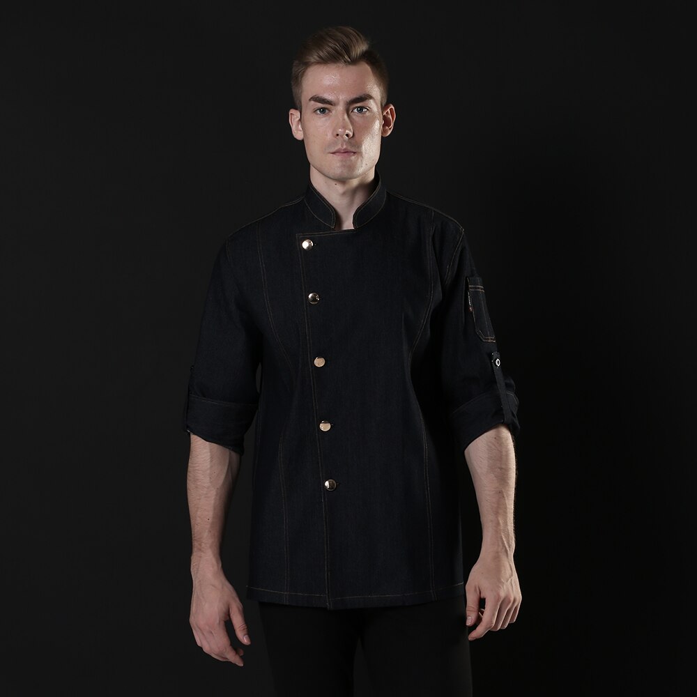Åndbar unisex guldknap cowboychef jakke skjorte køkken bageri overalls hotel restaurant kok tjener uniform: Sort kokkedragt / L