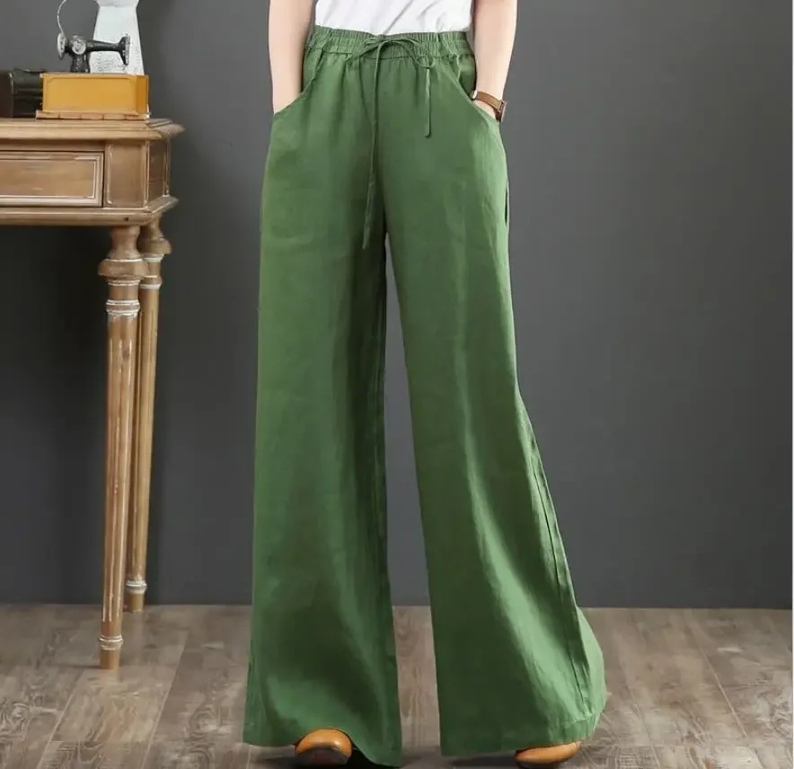 Kvinders bomulds- og hørbukser med vide ben, afslappet, løs, elastisk talje, lige bukser, ensfarvet, oversize joggingbukser, streetwear: Xxl / Himmelblå