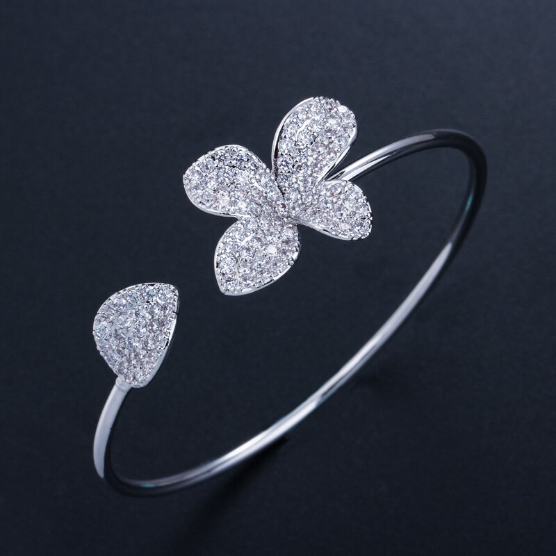 CWWZircons Famous Brand Jewelry Flower and Leaf Silver Color Micro Pave Cubic Zirconia Adjustable Bangle Bracelet BG014: Silver Color