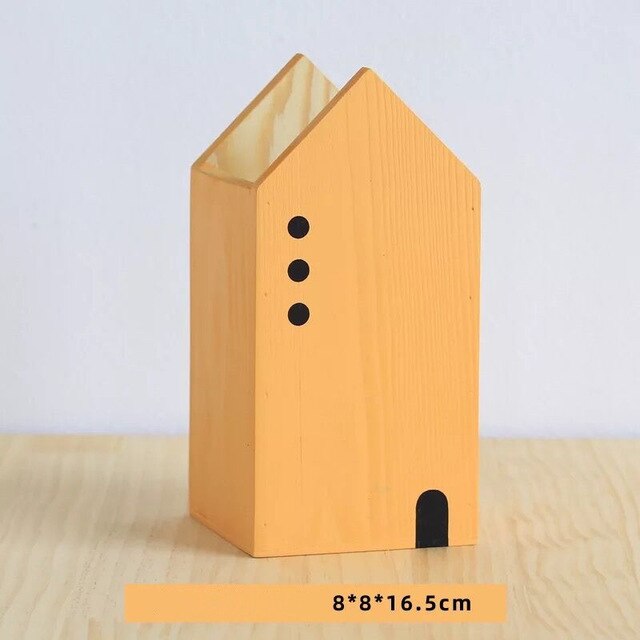 Hus form træ blyant penneholder desktop organizer opbevaringsboks container pensel pot papirvarer skole kontor tilbehør: Stor orange