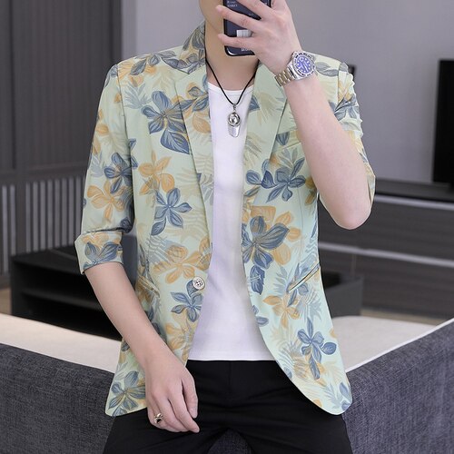 Spring Summer Men Blazers Flower Half Sleeve Casual Suit Jacket Wedding Business Street Wear Social Jacket Slim Fit Dress Coat: Green / 4XL