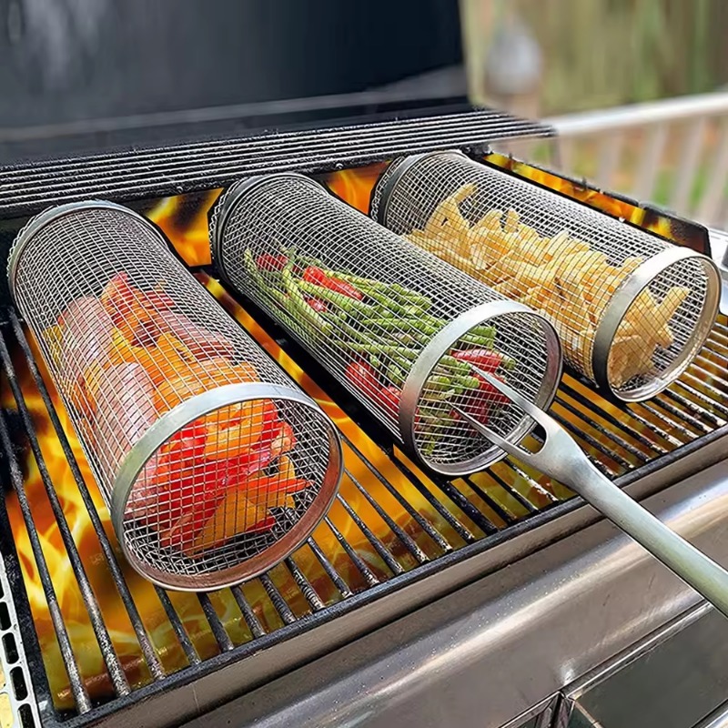Rollender Grill korb Edelstahl Grill zylinder tragbare Outdoor-Grillz Stand Camping zubehör Kebab Küchen bedarf