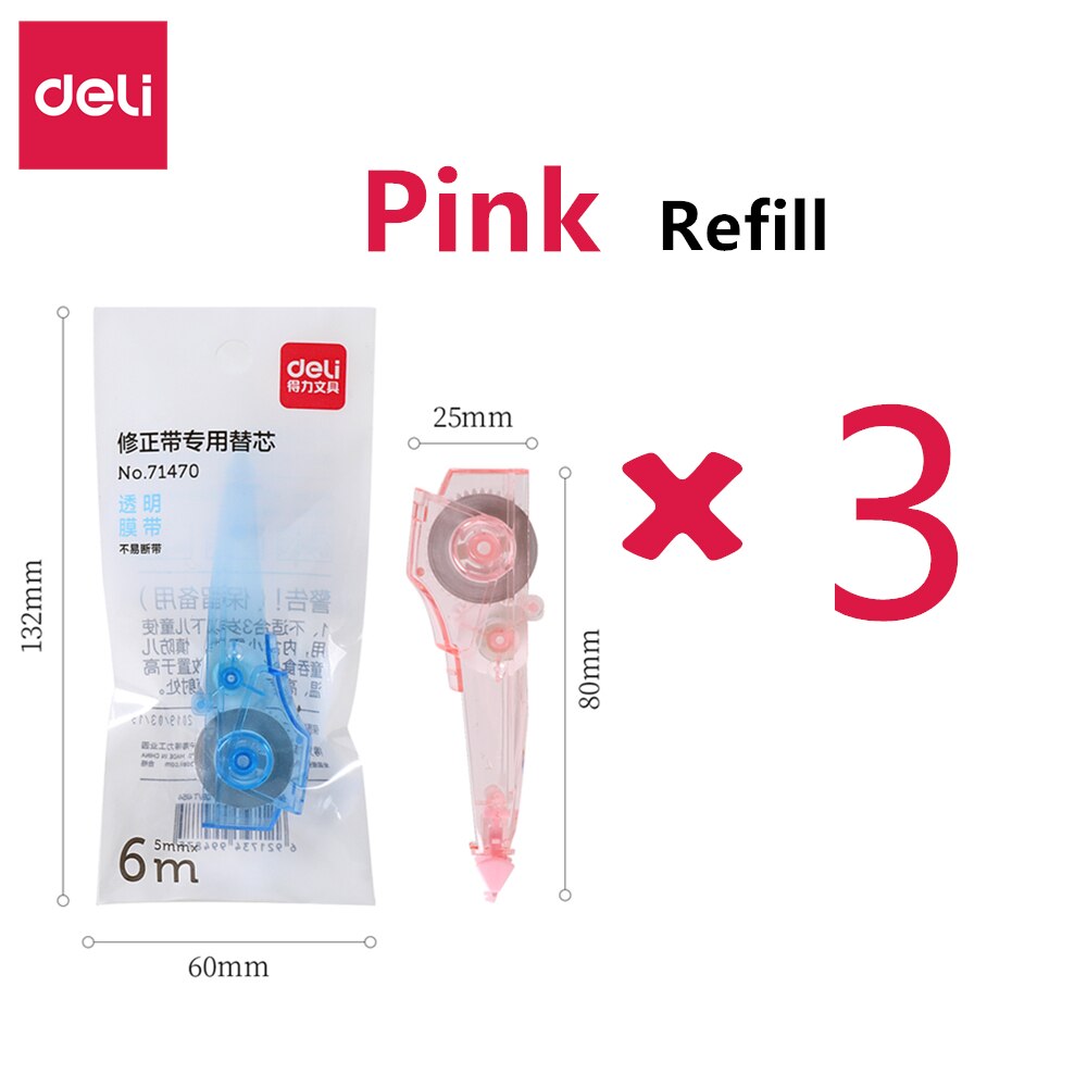 Deli Correction Tape Corrector Papeleria Replaceable Stationery Office School Stationery Supplies 71461: Pink Refill - 3PCS