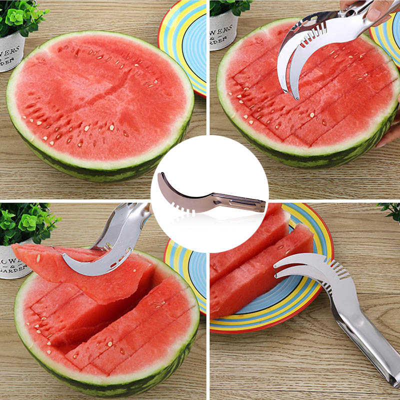 1Pcs Watermeloen Slicer Cutter Tang Lepel Corer Fruit Meloen Rvs Gereedschap Watermeloen Verfrissende Watermeloen Cubes