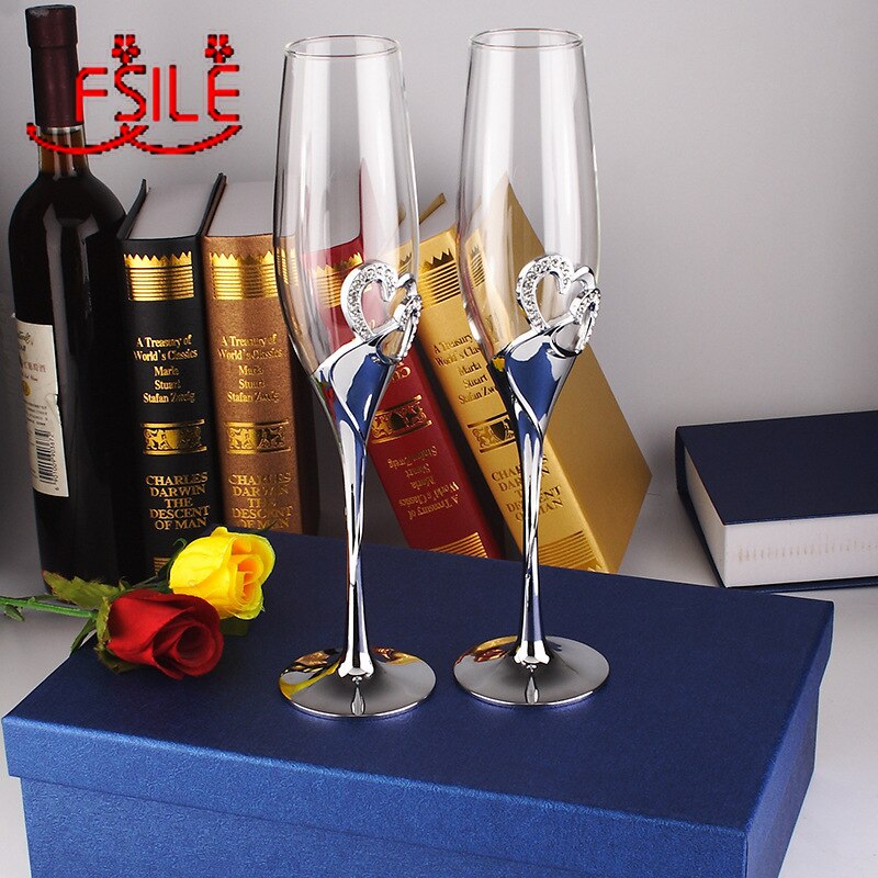 Fsile 2Pcs Crystal Ingelegd Hoog Champagne Bril Geschenkdoos Met Strass Creatieve Champagne Glazen Tall Bril