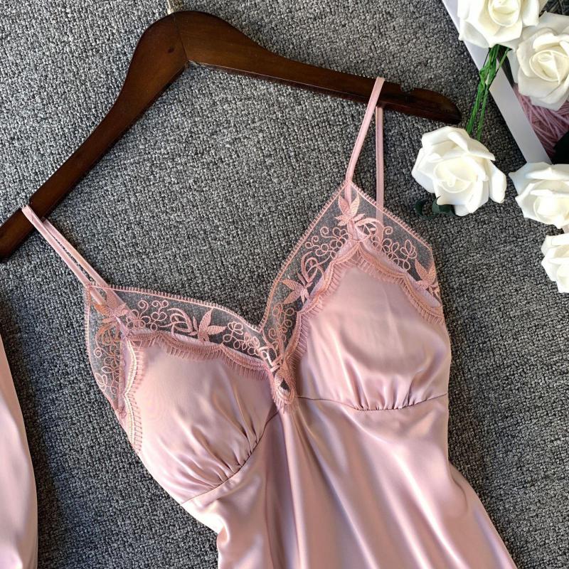 Pink Silk Rayon Nighty&amp;Robe Set Nightgown Sexy Lace Wedding Robe Sleepwear Spring Summer Kimono Bathrobe Gown Loose Home Dress
