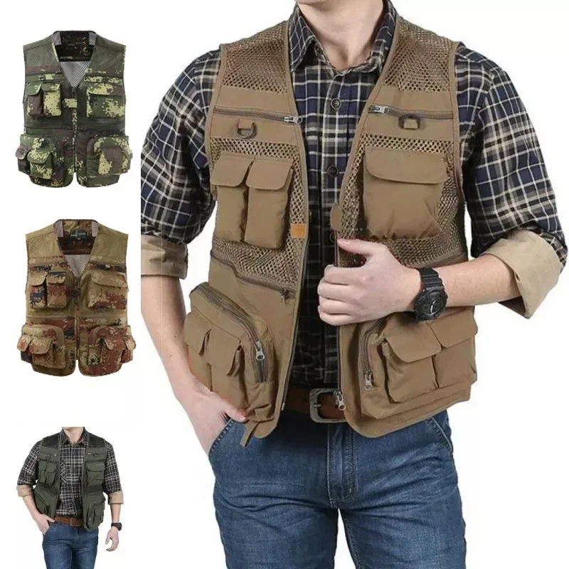 Männer draussen Angeln Weste Sommer Einfarbig Multi-Tasche lässig Gittergewebe Atmungsaktive Ärmellose Wandern Reißverschluss Jacke Vestdropshippi