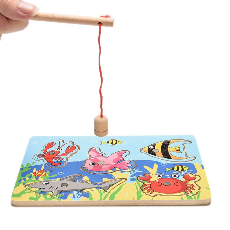 Children Fishing Game Wooden Ocean Jigsaw Board Magnetic Rod Outdoor Fun Toy For Kid Jogos De Tabuleiro Madeira Non-electric