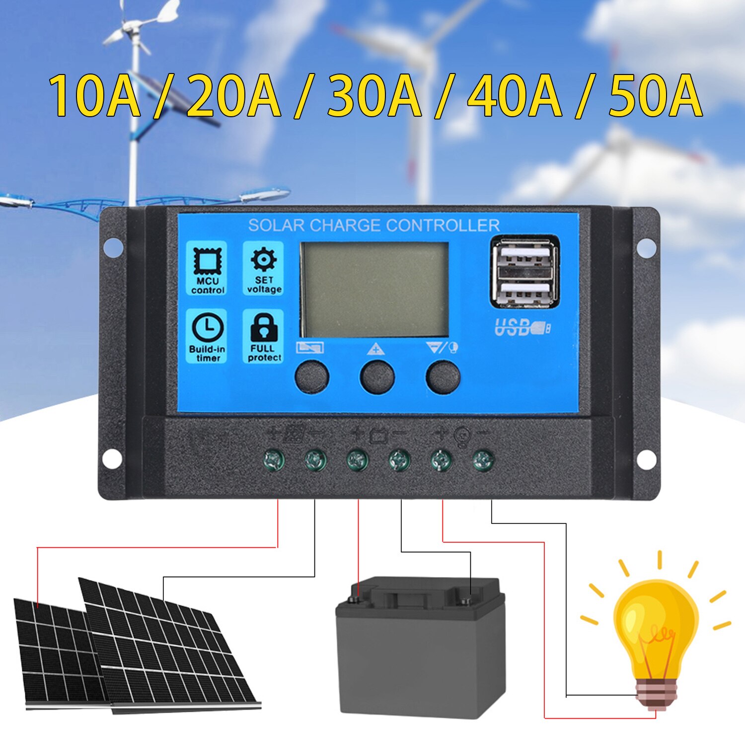Controlador poli do painel solar 10/20/30/40/50a das pilhas solares da saída dupla do painel solar de 20w para o iate do carro dc 9v/18v carregador do barco da bateria