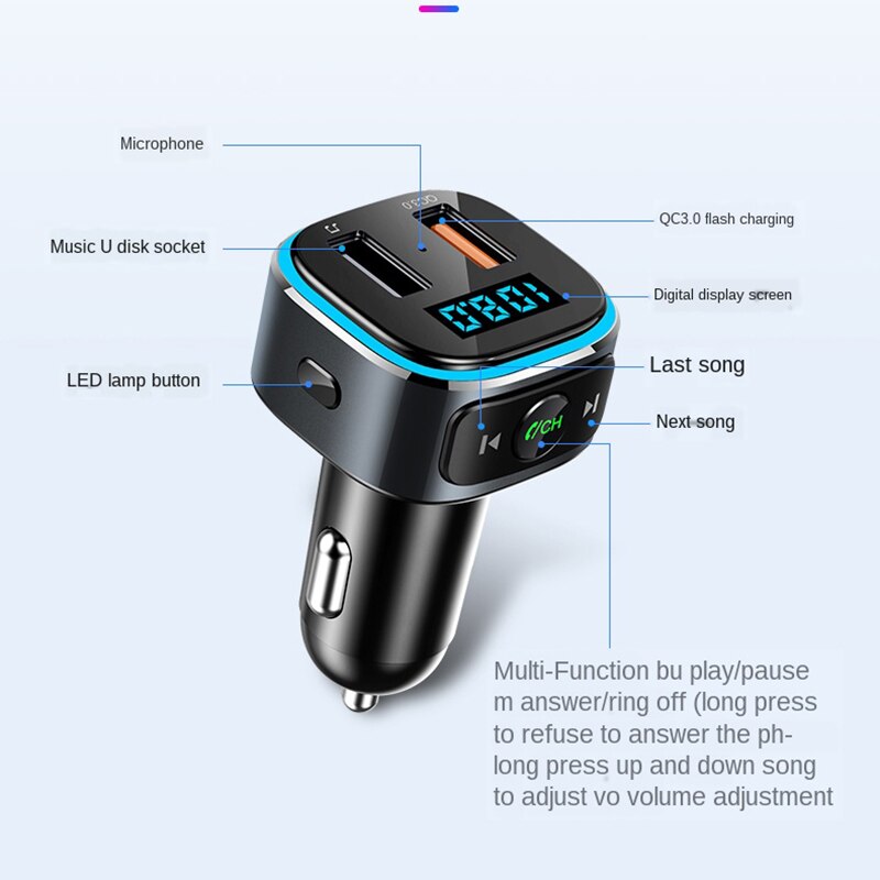 Bluetooth 5.0 fm -lähetin usb-musiikkivastaanotin auton  mp3 -soitin pikalataus  qc 3.0 kaksois-usb-laturi värikkäällä tunnelmavalolla