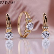 PATAYA Special Price Jewelry Set 585 Rose Gold Women Jewelry Round White Natural Zircon Earrings Rings Sets