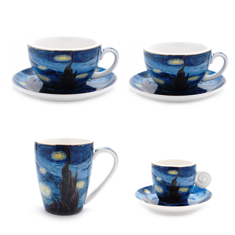 90/220/300/400ML Latte Cappuccino Espresso Mugs Coffe Mugs Set with Spoon Saucer Milk Cup Mug Van Gogh Oil Painting Style Cups