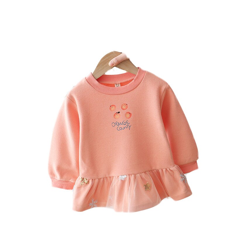 Bambini di Autunno Della Molla T-Shirt Ala Del Bambino Delle Ragazze Dolce di Stampa Del Cotone Della Principessa Dress Lace Hem T-Shirt Dei Ragazzi Delle Ragazze