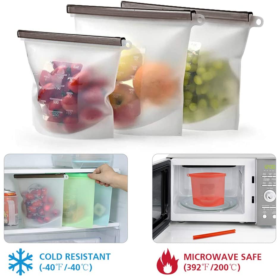 Reusable Food Storage Bags BPA Free 4-Pack Zip lock Silicone Food Bag Set Freezer & Microwave Safe Washable Zip Lunch Baggies