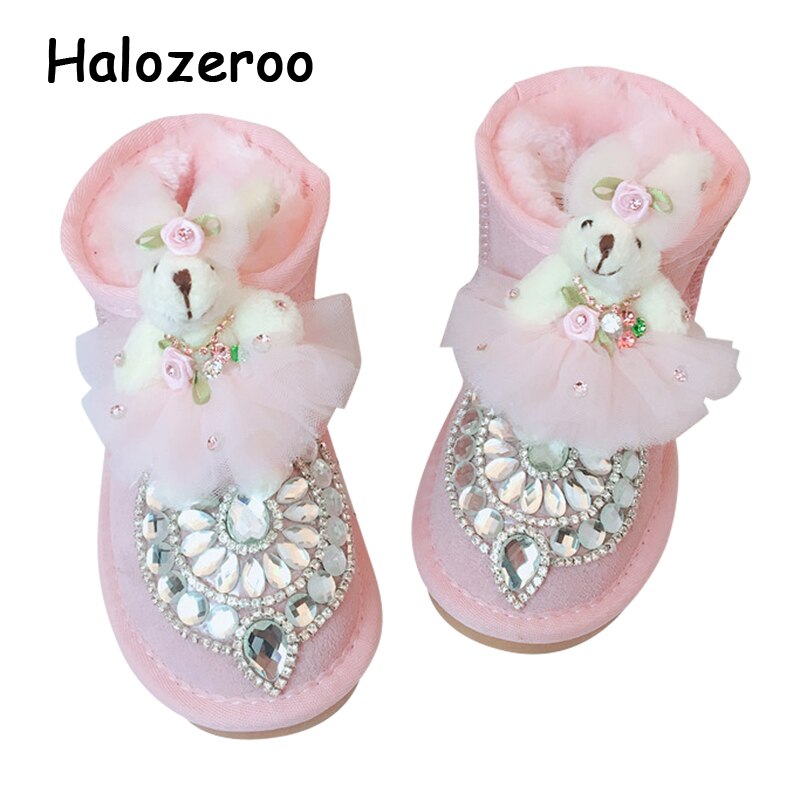 Bottines de neige pour enfants, chaussures chaudes pour bébés filles, chaussures souples avec strass, en cuir véritable,