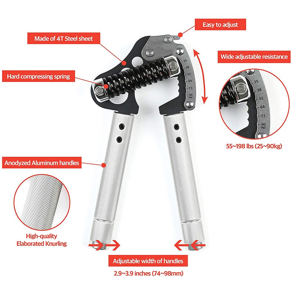 Aluminium Adjustabl 55~198lbs Iron Grip Metal Hand Grip Exerciser Strengthener (Hand Gripper) Wrist Forearm Strength Trainer