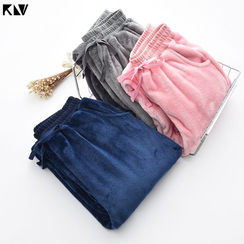 KLV Women Men Autumn Winter Pajamas Pants Lounge Wear Pajamas Thicken Loose Coral Fleece Pants Sleep Pajamas Lounge Pants