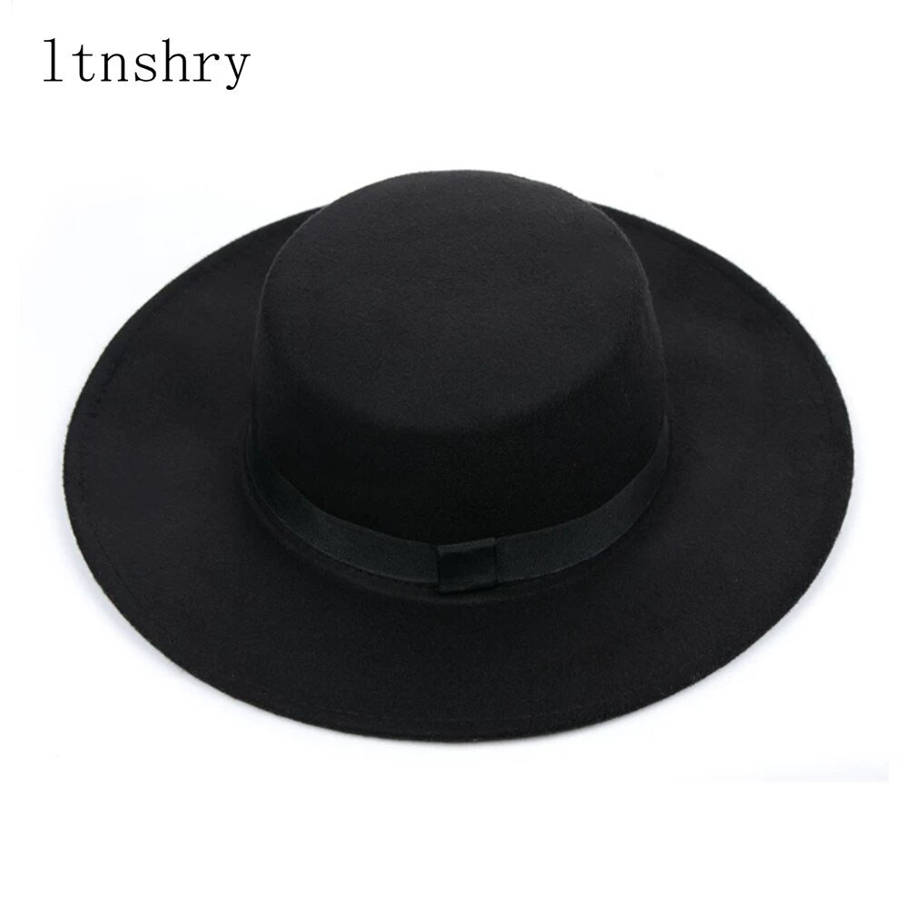 Klassisk ensfarvet filt fedoras hat bælte til mænd kvinder blanding jazz kasket bred skygge enkel kirke derby flad top hat mujer: 5