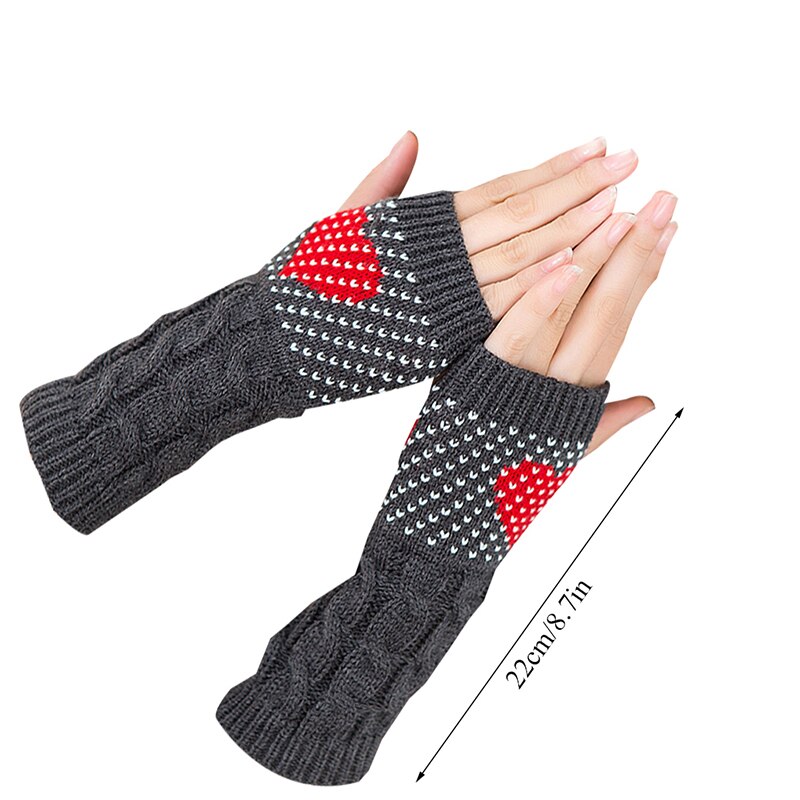 1 Pair Winter Heart Printing Half-finger Gloves Women Stylish Thick Warm Knitted Arm Wrist Warmer Fingerless Cute Gloves
