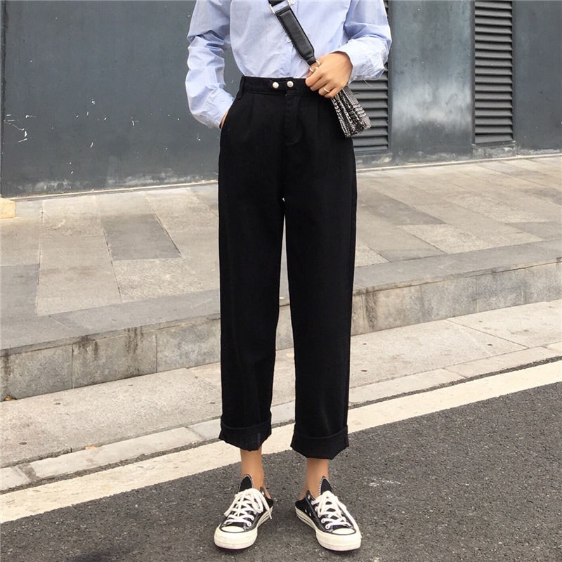 Kvinder harem jeans bukser høj talje løse hvide denim mom jeans kvindelige sorte knapper bukser forår streetwear