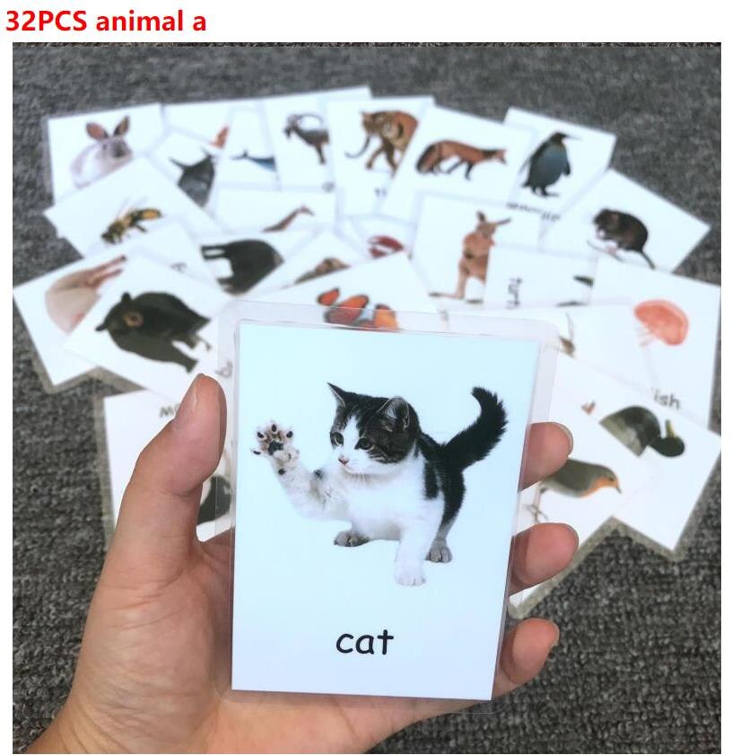 Kids Montessori Baby Learn English Word Card Flashcards Cognitive Educational Toys Picture Memorise Games For Children: 32pcs animal 1