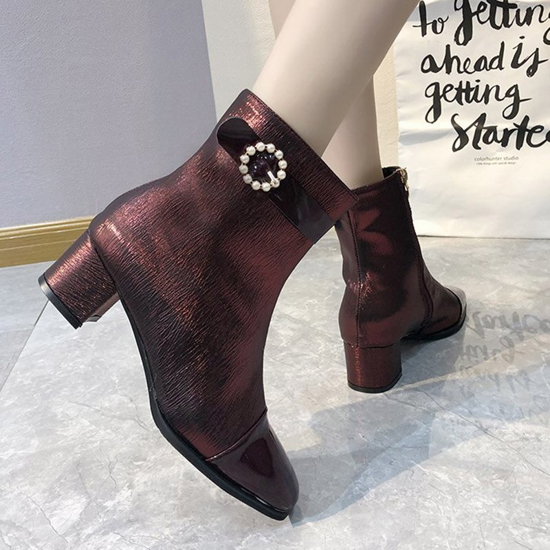 Femmes bottines perle boucle robe chaussures hiver nouvelle perle chaussons dames chaussures carré talon botas mujer 8592N