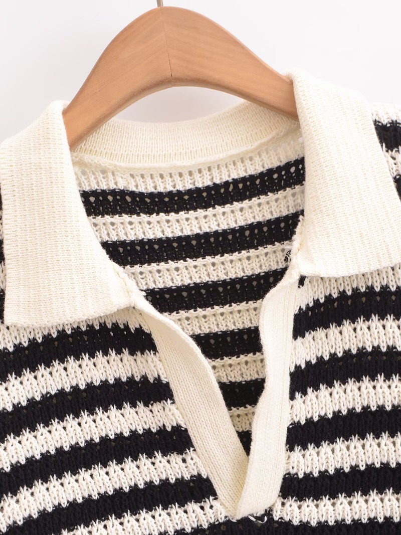 TRAFZR 2025, gestreiftes Strick-Baumwoll-T-Shirt für Damen, Polo-Kragen, kurzärmelig, lässig, Frühling, Sommer, Alltag, Straße, Wochenendkleidung